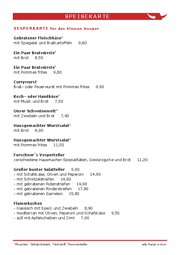 Die Vesperkarte vom Restaurant Forschner's im Schützenhaus als PDF